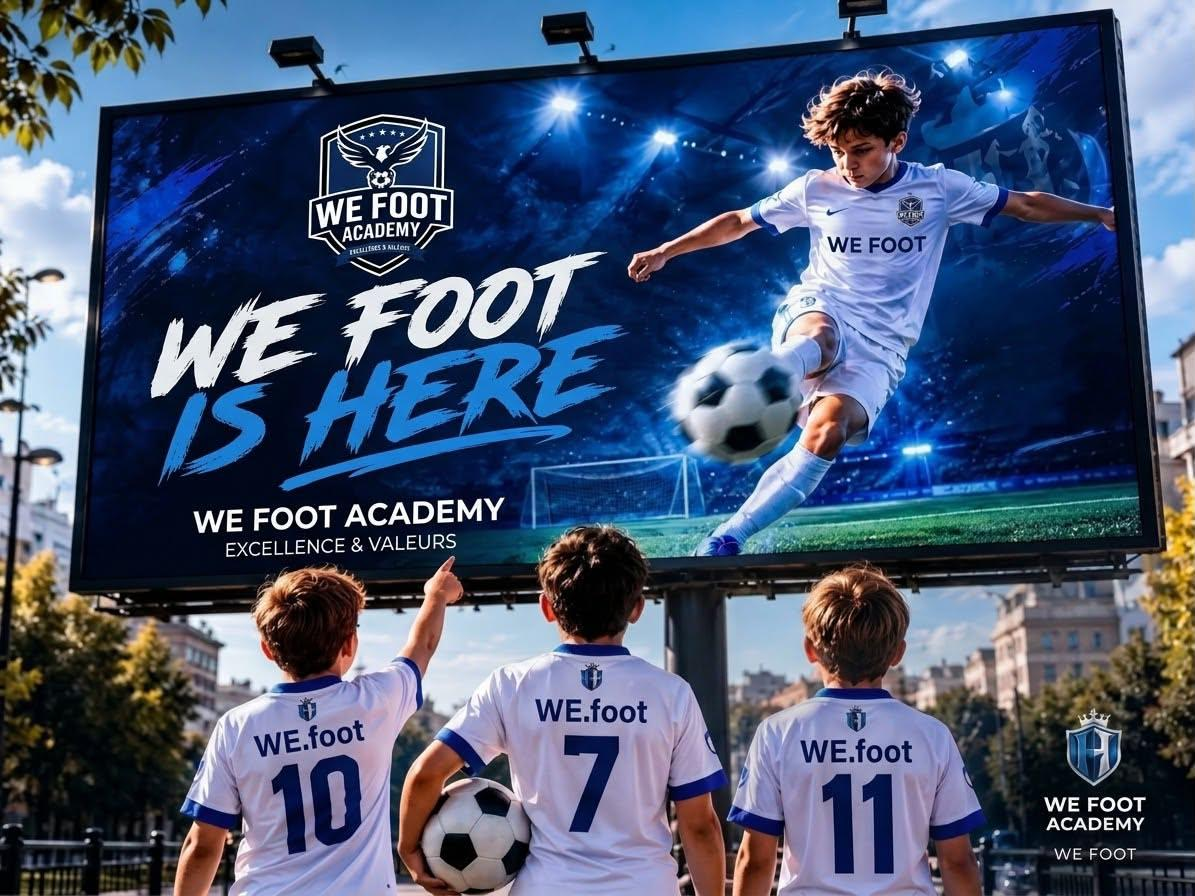Visuel de lancement WE Foot Academy avec de jeunes footballeurs